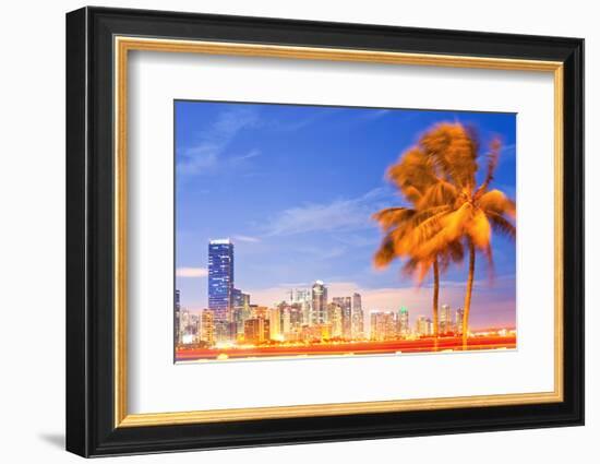 City of Miami Florida Night Skyline Palm Trees-Fotomak-Framed Photographic Print