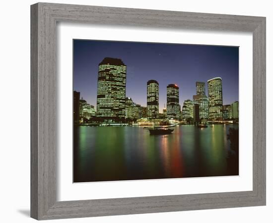 City Skyline and Brisbane River at Night, Brisbane, Queensland, Australia-Mark Mawson-Framed Photographic Print