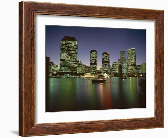 City Skyline and Brisbane River at Night, Brisbane, Queensland, Australia-Mark Mawson-Framed Photographic Print