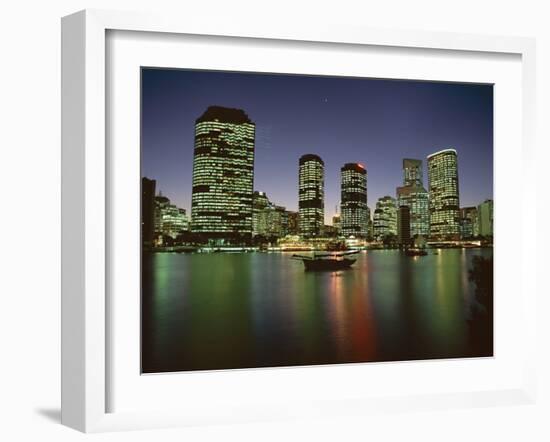 City Skyline and Brisbane River at Night, Brisbane, Queensland, Australia-Mark Mawson-Framed Photographic Print