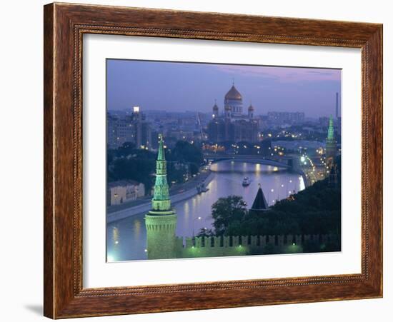 City Skyline and the Moskva River at Dusk, Moscow, Russia-Charles Bowman-Framed Photographic Print