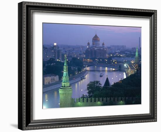 City Skyline and the Moskva River at Dusk, Moscow, Russia-Charles Bowman-Framed Photographic Print