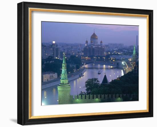 City Skyline and the Moskva River at Dusk, Moscow, Russia-Charles Bowman-Framed Photographic Print