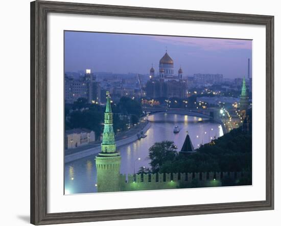 City Skyline and the Moskva River at Dusk, Moscow, Russia-Charles Bowman-Framed Photographic Print