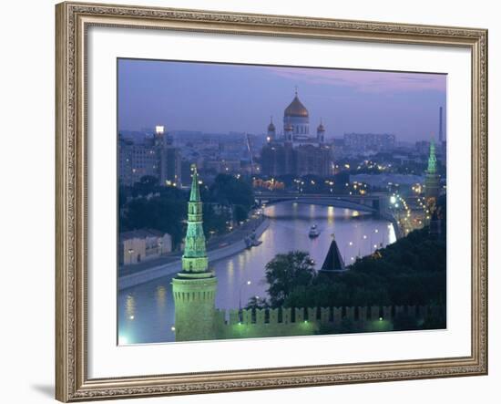 City Skyline and the Moskva River at Dusk, Moscow, Russia-Charles Bowman-Framed Photographic Print