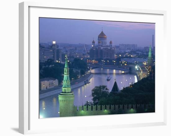 City Skyline and the Moskva River at Dusk, Moscow, Russia-Charles Bowman-Framed Photographic Print