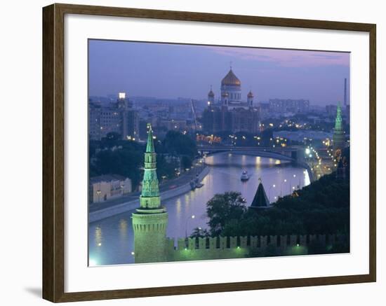 City Skyline and the Moskva River at Dusk, Moscow, Russia-Charles Bowman-Framed Photographic Print