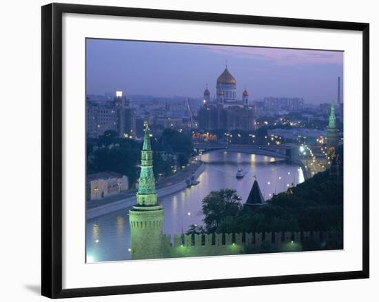 City Skyline and the Moskva River at Dusk, Moscow, Russia-Charles Bowman-Framed Photographic Print