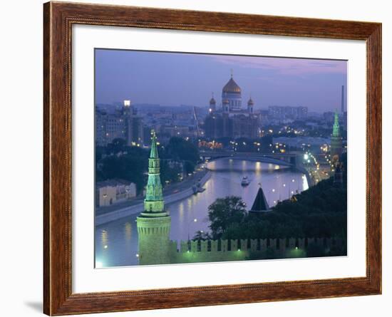 City Skyline and the Moskva River at Dusk, Moscow, Russia-Charles Bowman-Framed Photographic Print