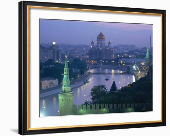 City Skyline and the Moskva River at Dusk, Moscow, Russia-Charles Bowman-Framed Photographic Print