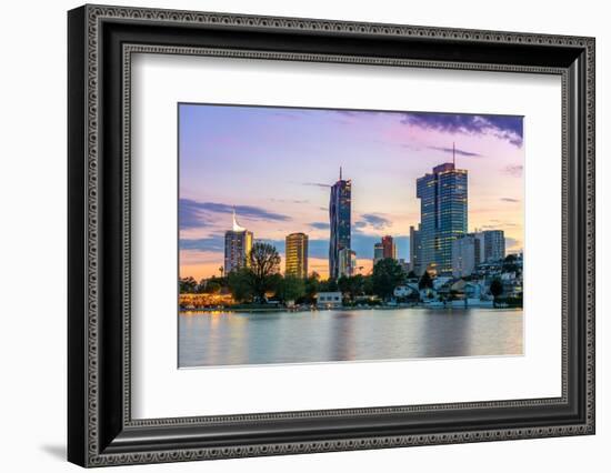 City Skyline at dusk, River Danube, Alte Donau, Vienna, Austria-John Guidi-Framed Photographic Print