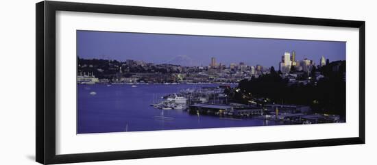 City Skyline at Lakeside with Mt Rainier in Background, Lake Union, Seattle, Washington State-null-Framed Photographic Print