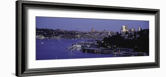 City Skyline at Lakeside with Mt Rainier in Background, Lake Union, Seattle, Washington State-null-Framed Photographic Print