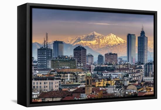 City Skyline at Sunset with the Snowy Alps in the Background, Milan, Lombardy, Italy-Stefano Politi Markovina-Framed Premier Image Canvas