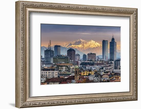 City Skyline at Sunset with the Snowy Alps in the Background, Milan, Lombardy, Italy-Stefano Politi Markovina-Framed Photographic Print