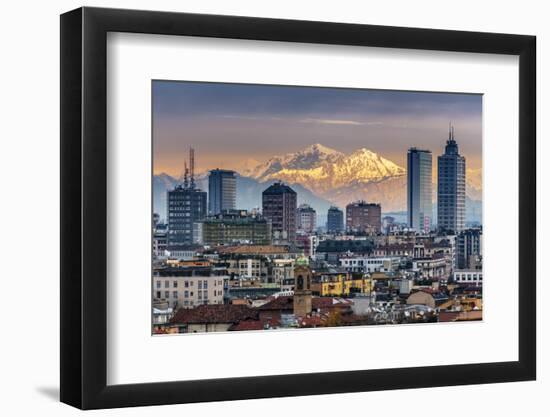City Skyline at Sunset with the Snowy Alps in the Background, Milan, Lombardy, Italy-Stefano Politi Markovina-Framed Photographic Print
