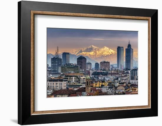 City Skyline at Sunset with the Snowy Alps in the Background, Milan, Lombardy, Italy-Stefano Politi Markovina-Framed Photographic Print