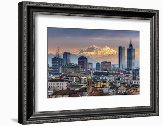 City Skyline at Sunset with the Snowy Alps in the Background, Milan, Lombardy, Italy-Stefano Politi Markovina-Framed Photographic Print