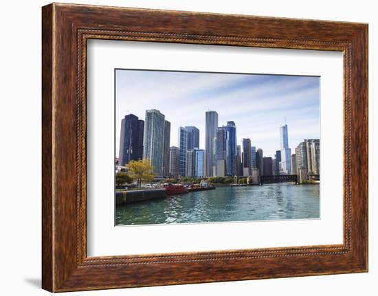 City Skyline from the Chicago River, Chicago, Illinois, United States of America, North America-Amanda Hall-Framed Photographic Print