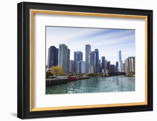 City Skyline from the Chicago River, Chicago, Illinois, United States of America, North America-Amanda Hall-Framed Photographic Print