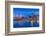 City skyline including Vancouver Lookout Tower as viewed from Canada Place at dusk, Vancouver, Brit-Frank Fell-Framed Photographic Print