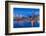 City skyline including Vancouver Lookout Tower as viewed from Canada Place at dusk, Vancouver, Brit-Frank Fell-Framed Photographic Print