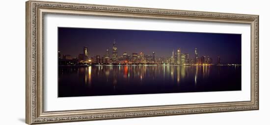 City skyline reflecting in Lake Michigan at night, Chicago, Illinois, USA-Panoramic Images-Framed Photographic Print