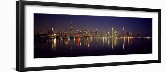 City skyline reflecting in Lake Michigan at night, Chicago, Illinois, USA-Panoramic Images-Framed Photographic Print