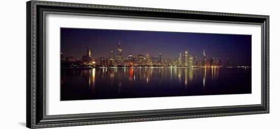 City skyline reflecting in Lake Michigan at night, Chicago, Illinois, USA-Panoramic Images-Framed Photographic Print