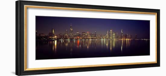 City skyline reflecting in Lake Michigan at night, Chicago, Illinois, USA-Panoramic Images-Framed Photographic Print