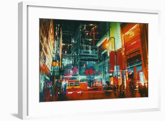 City Street at Night with Colorful Lights,Digital Painting-Tithi Luadthong-Framed Art Print