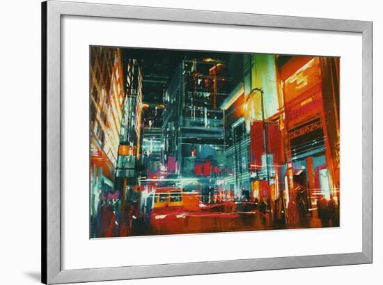 City Street at Night with Colorful Lights,Digital Painting-Tithi Luadthong-Framed Art Print