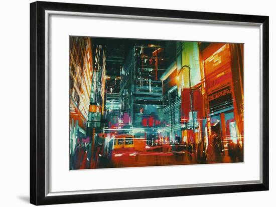 City Street at Night with Colorful Lights,Digital Painting-Tithi Luadthong-Framed Art Print