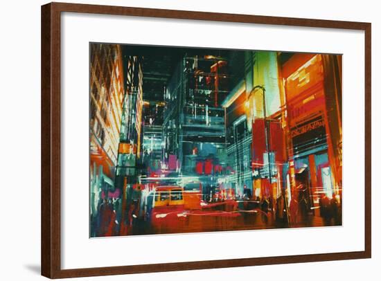 City Street at Night with Colorful Lights,Digital Painting-Tithi Luadthong-Framed Art Print