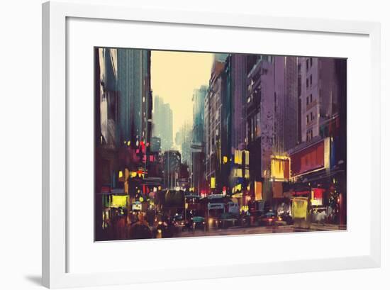 City Traffic and Colorful Light in Hong Kong,Illustration Painting-Tithi Luadthong-Framed Art Print