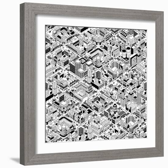 City Urban Blocks Seamless Pattern (Large) in Isometric Projection is Hand Drawing with Perimeter B-vook-Framed Art Print