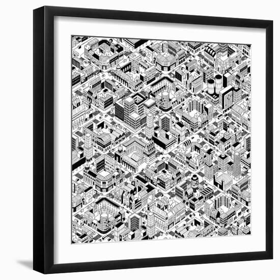 City Urban Blocks Seamless Pattern (Large) in Isometric Projection is Hand Drawing with Perimeter B-vook-Framed Art Print