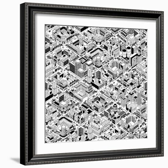 City Urban Blocks Seamless Pattern (Large) in Isometric Projection is Hand Drawing with Perimeter B-vook-Framed Art Print