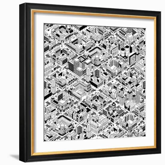 City Urban Blocks Seamless Pattern (Large) in Isometric Projection is Hand Drawing with Perimeter B-vook-Framed Art Print