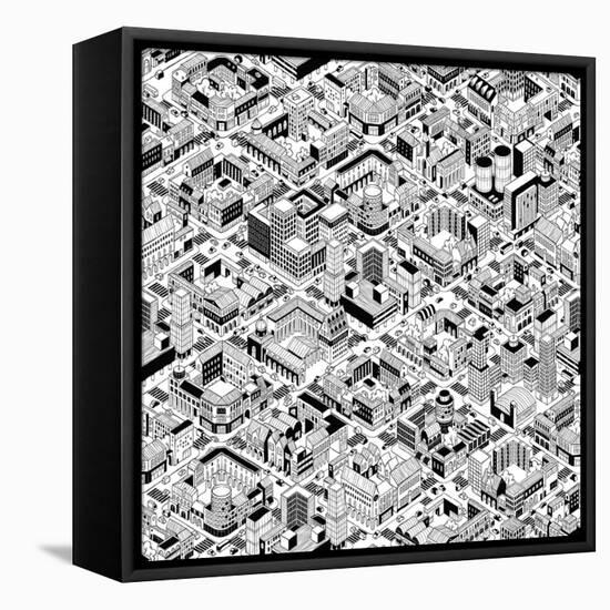 City Urban Blocks Seamless Pattern (Large) in Isometric Projection is Hand Drawing with Perimeter B-vook-Framed Stretched Canvas