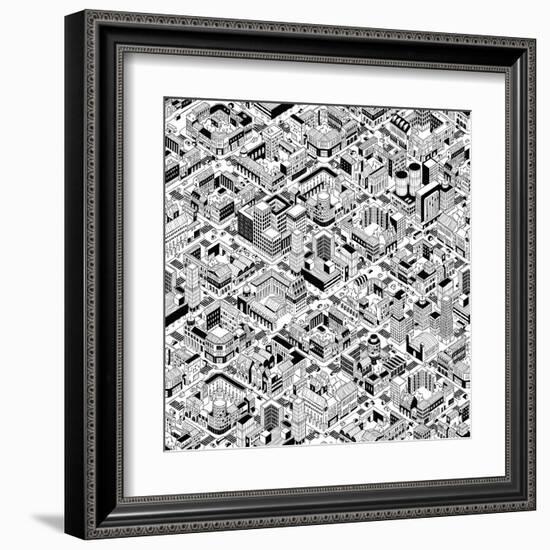 City Urban Blocks Seamless Pattern (Large) in Isometric Projection is Hand Drawing with Perimeter B-vook-Framed Art Print
