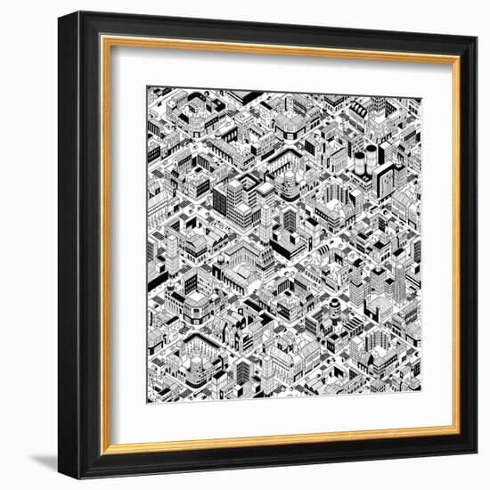 City Urban Blocks Seamless Pattern (Large) in Isometric Projection is Hand Drawing with Perimeter B-vook-Framed Art Print