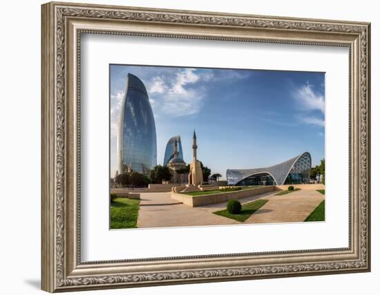 City View of the Capital of Azerbaijan - Baku. Famous Flame Towers, Mosque and Funicular Station.-liseykina-Framed Photographic Print