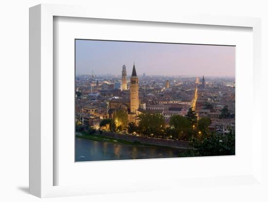 Cityscape at dusk seen from Castel San Pietro, Verona, Veneto, Italy, Europe-Nando Machado-Framed Photographic Print