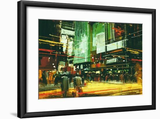 Cityscape Painting,Crowds of People at a Busy Crossing Street-Tithi Luadthong-Framed Art Print