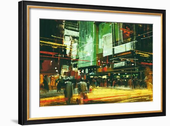 Cityscape Painting,Crowds of People at a Busy Crossing Street-Tithi Luadthong-Framed Art Print
