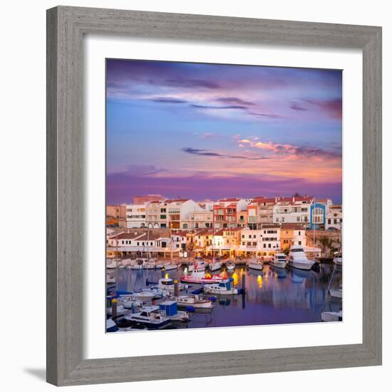 Ciutadella Menorca Marina Port Sunset with Boats and Streetlights in Balearic Islands-holbox-Framed Photographic Print