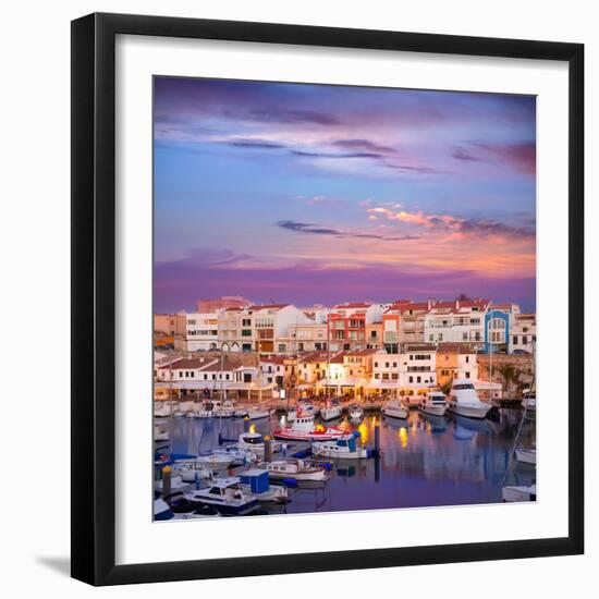Ciutadella Menorca Marina Port Sunset with Boats and Streetlights in Balearic Islands-holbox-Framed Photographic Print