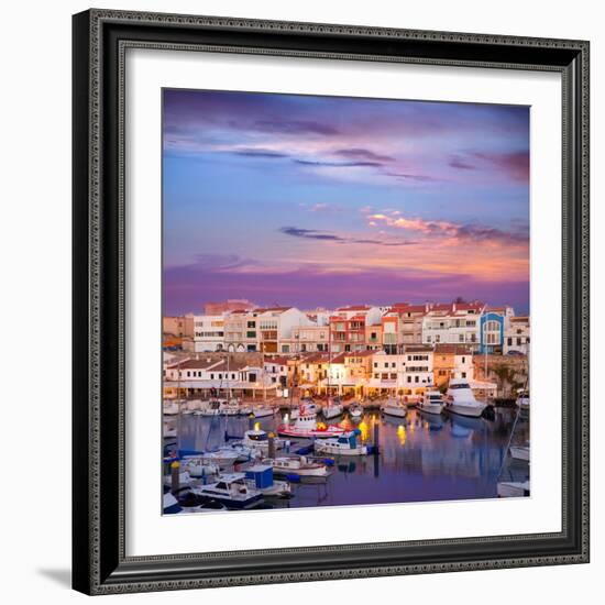 Ciutadella Menorca Marina Port Sunset with Boats and Streetlights in Balearic Islands-holbox-Framed Photographic Print