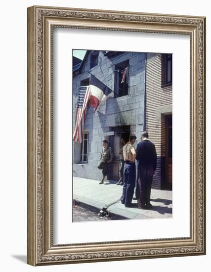 Civil Affairs Building in La Haye Du Puit Decorated with American and French Flags, France, 1944-Frank Scherschel-Framed Photographic Print